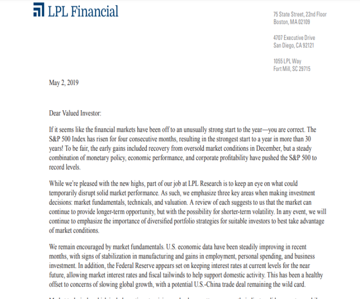 Off to a Strong Start | Client Letter | May 2, 2019