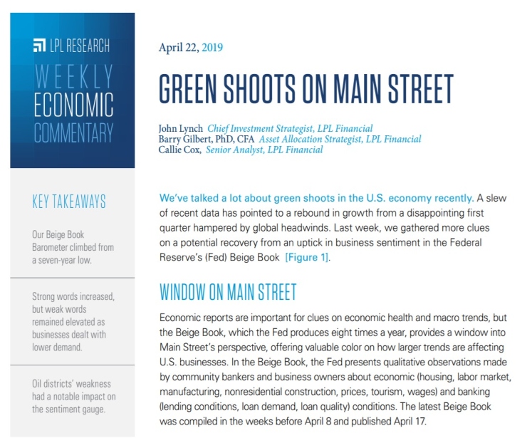 Green Shoots on Main Street | Weekly Economic Commentary | April 22, 2019