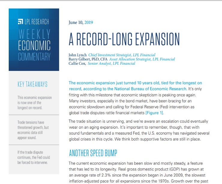 A Record-Long Expansion | Weekly Economic Commentary | June 10, 2019