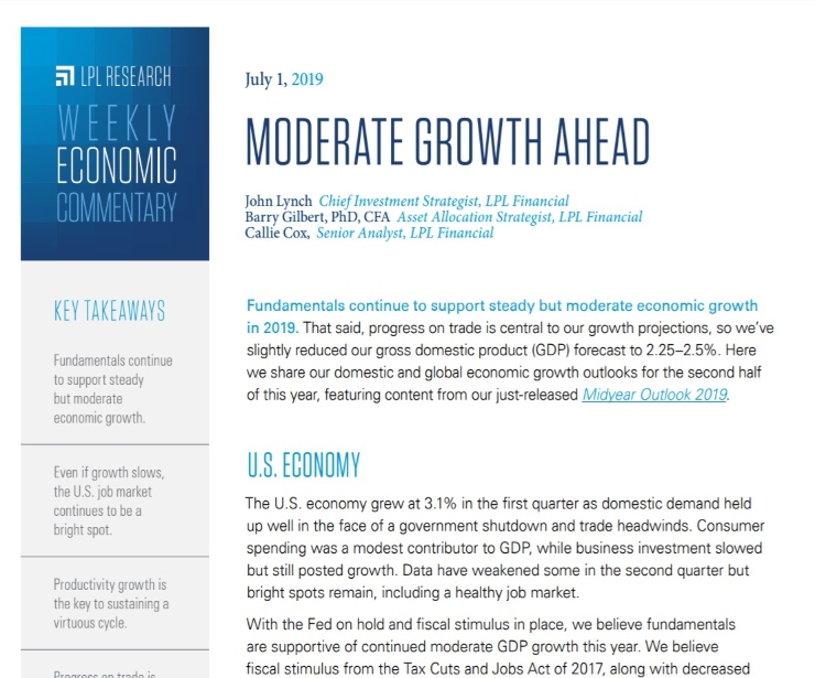 Moderate Growth Ahead | Weekly Economic Commentary | July 1, 2019