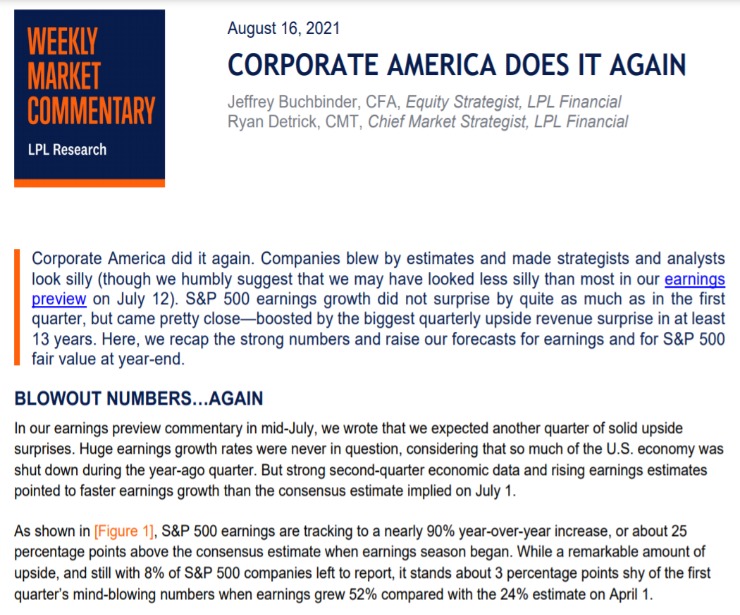 Corporate America Does It Again | Weekly Market Commentary | August 16, 2021